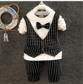 Set 2016 Bebek Erkek Sonbahar Rahat Giyim Bebek Çocuk Düğmesi Harf Yay Giyim 2 Bebek ceket + pantolon Setleri-Parça Elbise f12568 Set