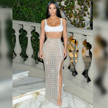 2017 kim kardashian Bodycon Örgü Elbise Dik Kadınları geyik Bayan Sonbahar 2 Adet Bandaj Elbise Parti Beyaz Seksi Kırpma Üst Glitter