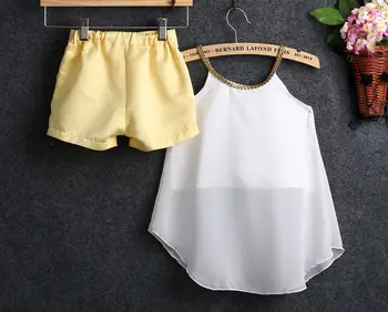 Sarı Pantolon Şort Yaz Giysileri set+ 2016 Sıcak Satış Kız Bebek Çocuk Elbiseleri Üst Gömlek Şifon