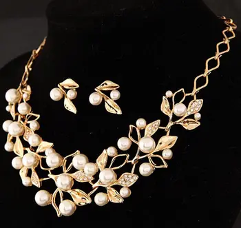 Moda Gümüş Altın Rengi Kristal Taklit İnci Düğün Takı Setleri Kadınlar İçin Küpe Takı Setleri Gelin Kolye