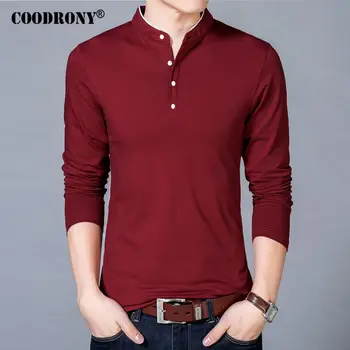 COODRONY T-Shirt Erkek 2017 İlkbahar Sonbahar Yeni Pamuk T-Shirt Erkek Düz Renk Tshirt Mandarin Yaka Uzun Kollu Tişört Üst 7608