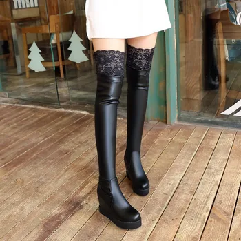 Artı Diz Üzerinde 34-43 Sonbahar Kış Boyutu-Yüksek Takozlar Platform Tatlı Dantel Çizme Kadın Siyah BOTAŞ Uzun Çizmeler Bayan Ayakkabı Seksi