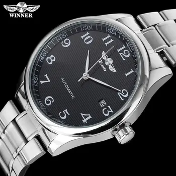 KAZANAN ünlü marka erkek İŞ Otomatik kendinden rüzgar otomatik tarih erkek moda mekanik kol saati paslanmaz çelik bant saatler
