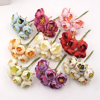 Düğün Ev Dekorasyon Takı Aksesuar ve Unutulmaz İçin 6Pcs Mini Çay Rose Bud Yapay Çiçekler DİY Zanaat Malzemeleri Defteri,