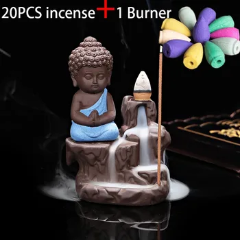 25PCS Tütsü Koni + Mavi Buddha Tütsü Brülör Ev Dekorasyonu Sevimli Keşiş Buda Mor Kil tütsü kabı Geri Aroması Sopa Tütsü Bankası